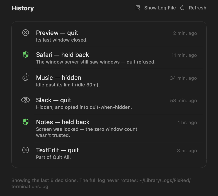 FixRed History showing Preview quit, Safari held back, Music hidden when idle, Slack quit when hidden, Notes held back during screen lock, TextEdit quit via Quit All