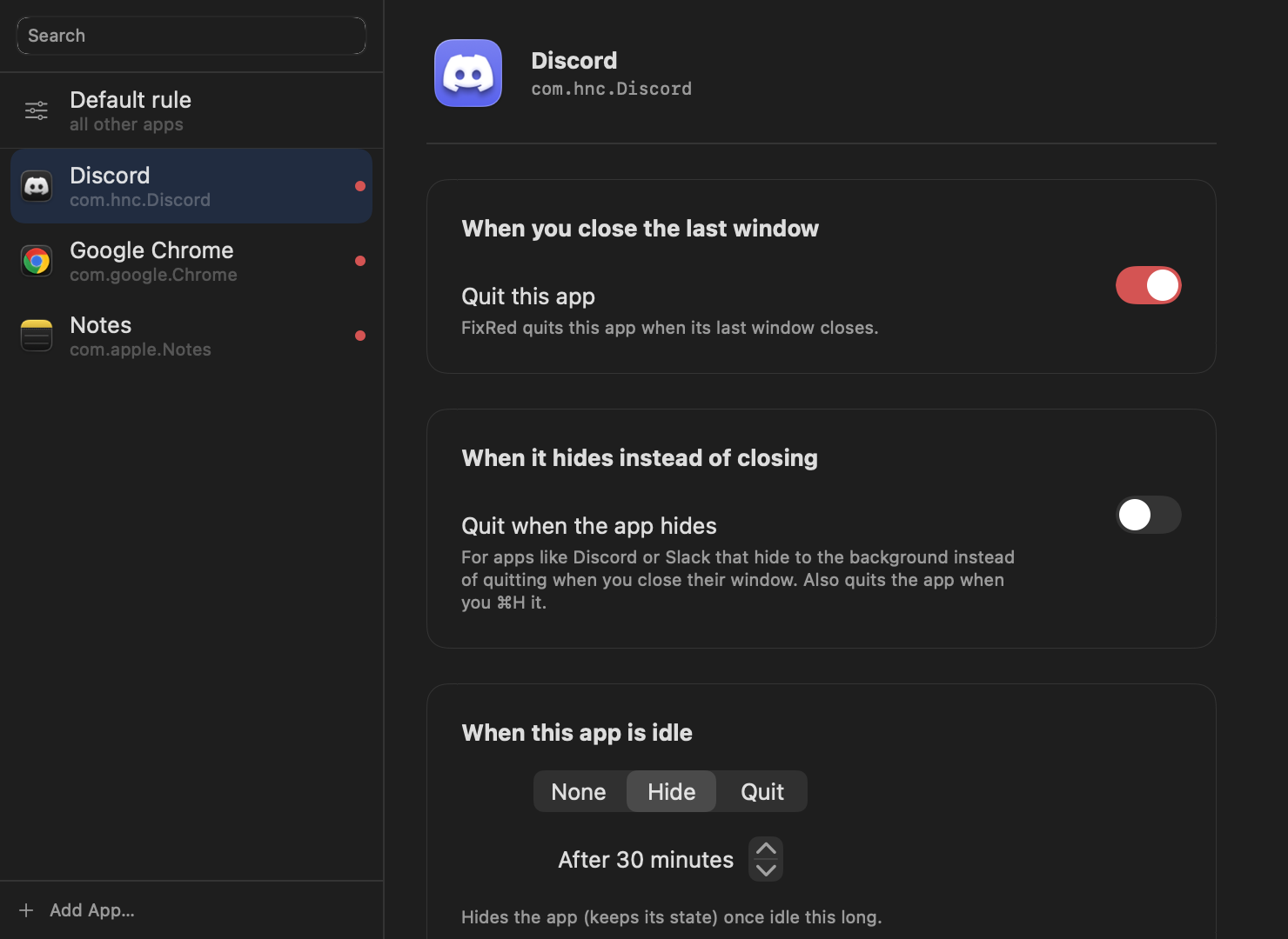 FixRed App Rules editor showing a per-app rule for Discord — quit on close off, quit when hidden, idle behavior set to hide after 30 minutes